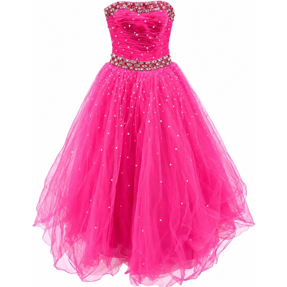 Y2K Mori Lee Madeline Gardner Hot Pink Tulle Ball Gown Rhinestone Prom Dress